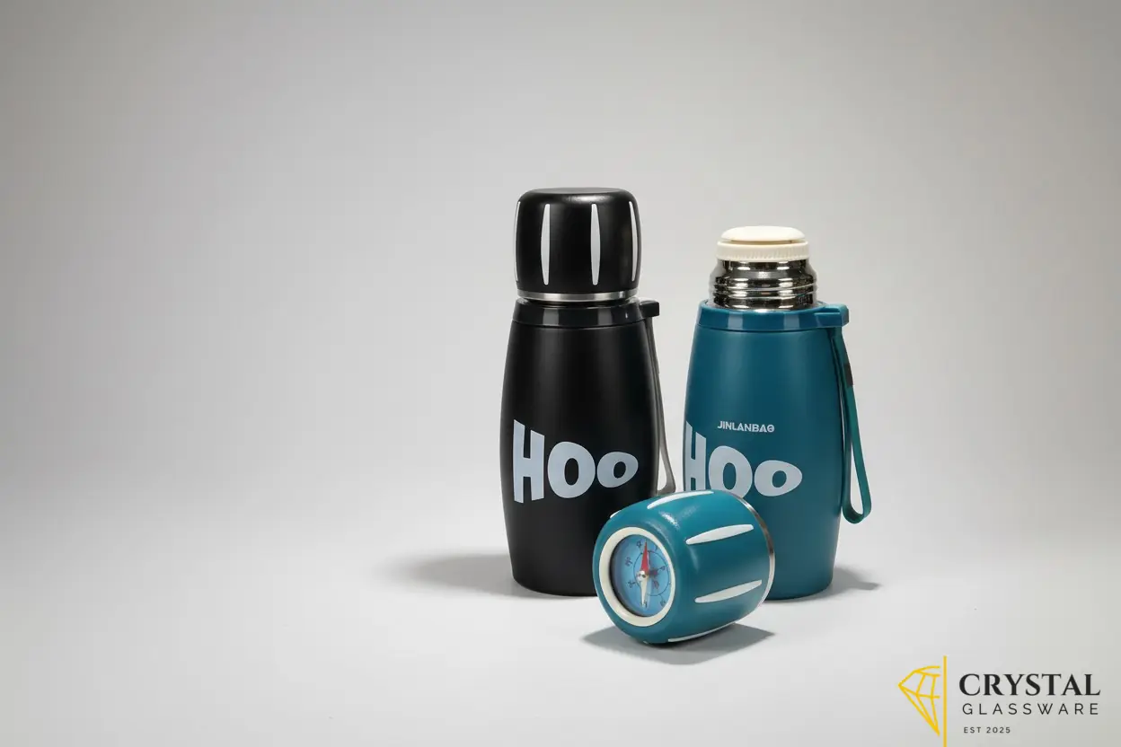 Jinlanbao vacuum-insulated stainless steel water bottle with a distinctive "Hoo" graphic and a built-in compass on the lid